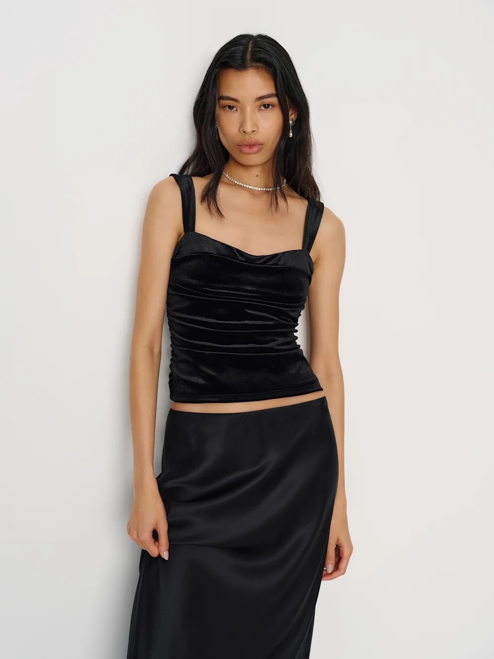 Reformation Black Velvet Ruched Square-Neck Camisole